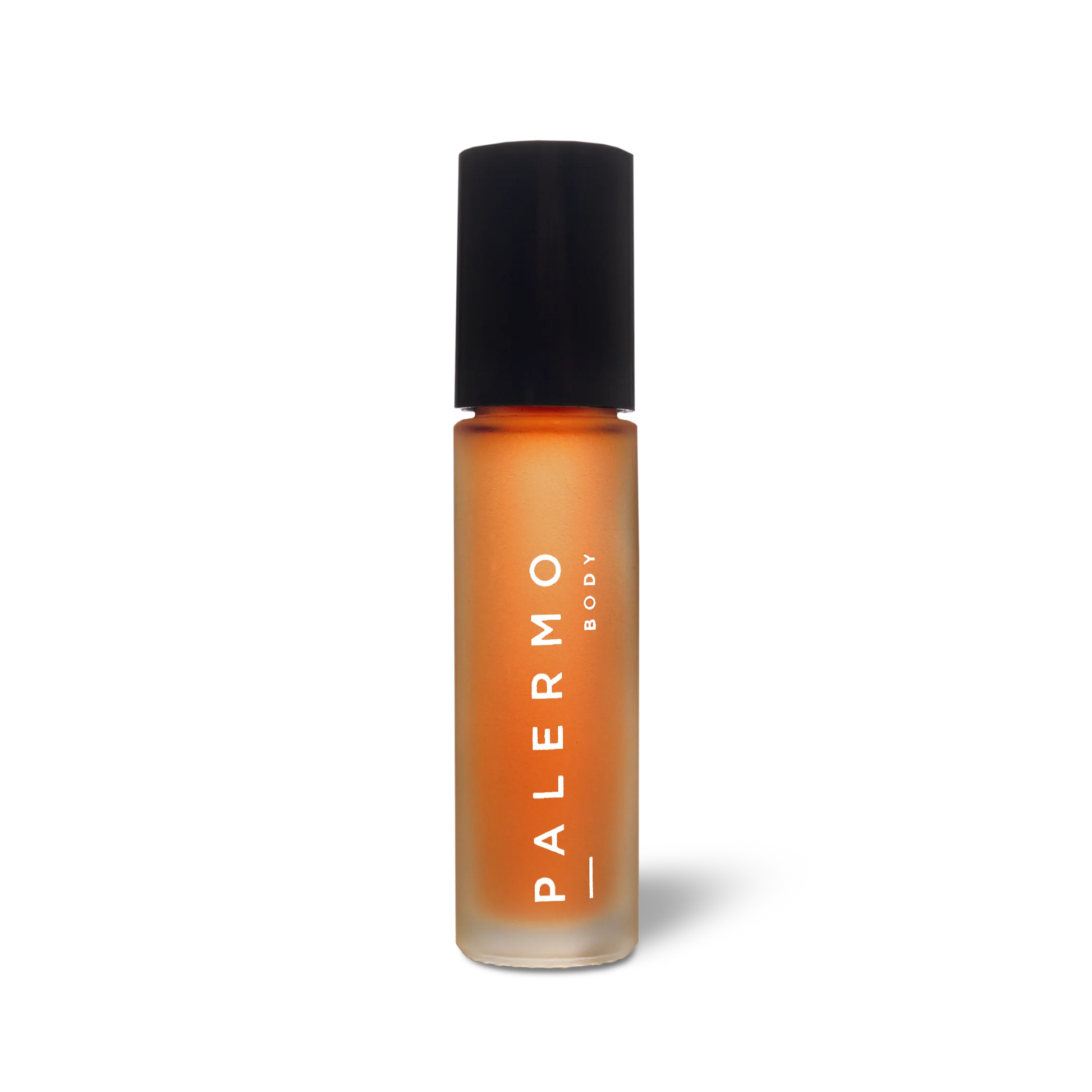 Small bottle of Palermo Body Harmonizing Aromatherapy Oil with a black cap on a white background