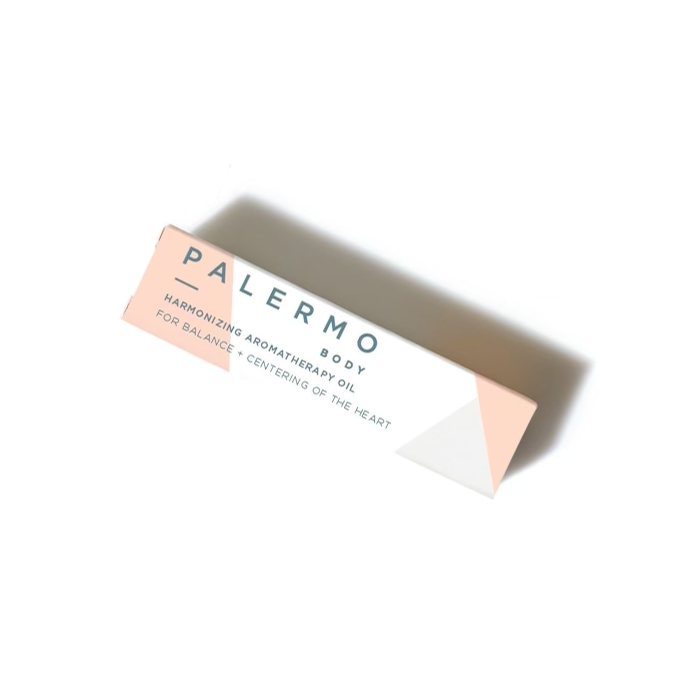 Packaging of Palermo Body's Harmonizing Aromatherapy Oil, for balance and centering of the heart or self-love
