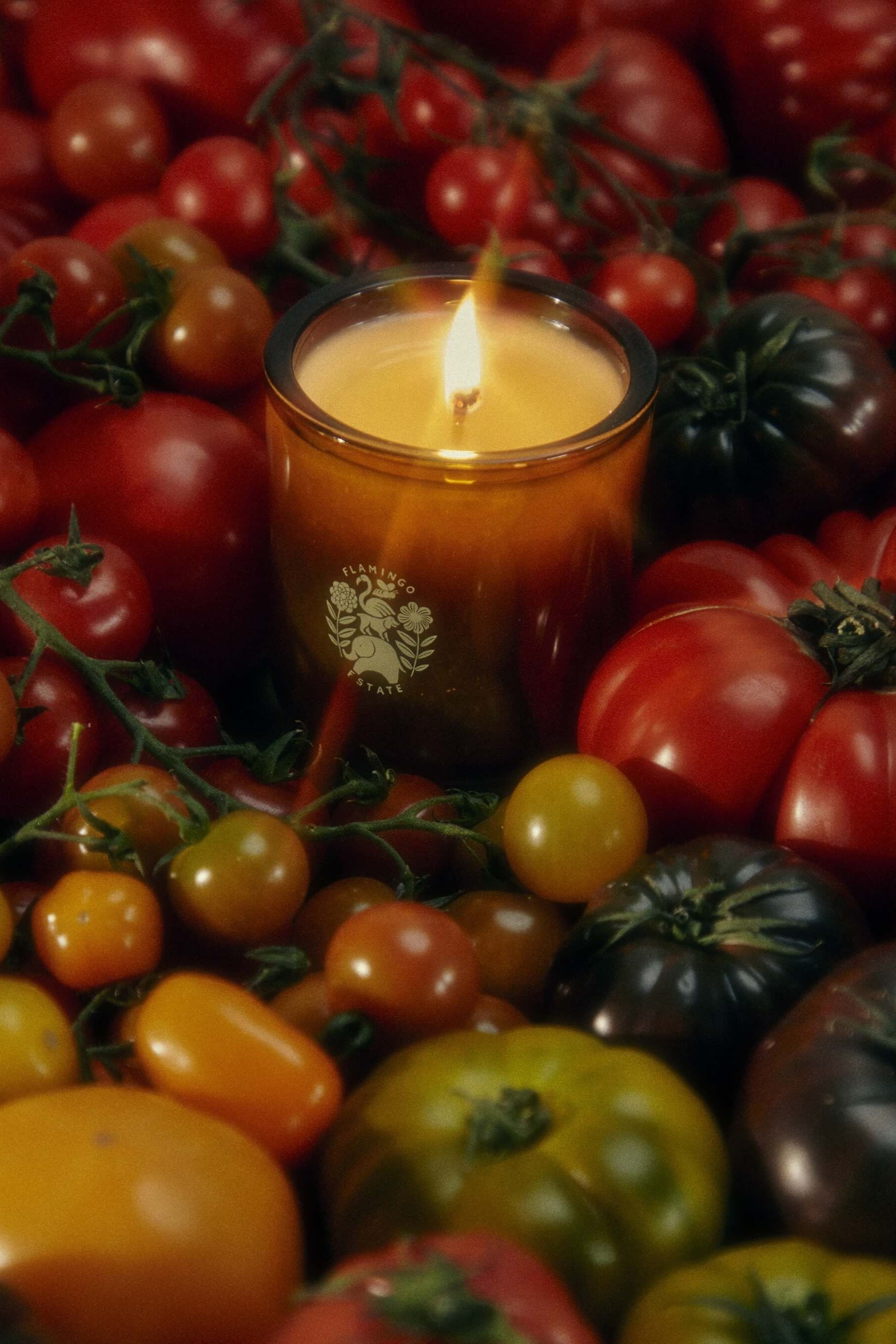Heirloom Tomato Candle with the Flamingo Estate logo surrounded by a variety of tomatoes