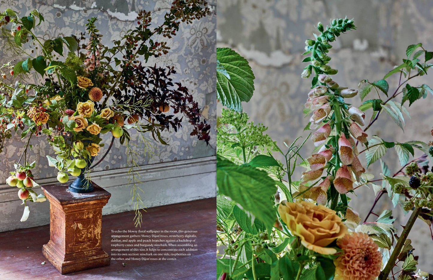Open 'Home in Bloom' book showing a floral arrangement including roses, raspberries, dahlias and burgundy ninebark.