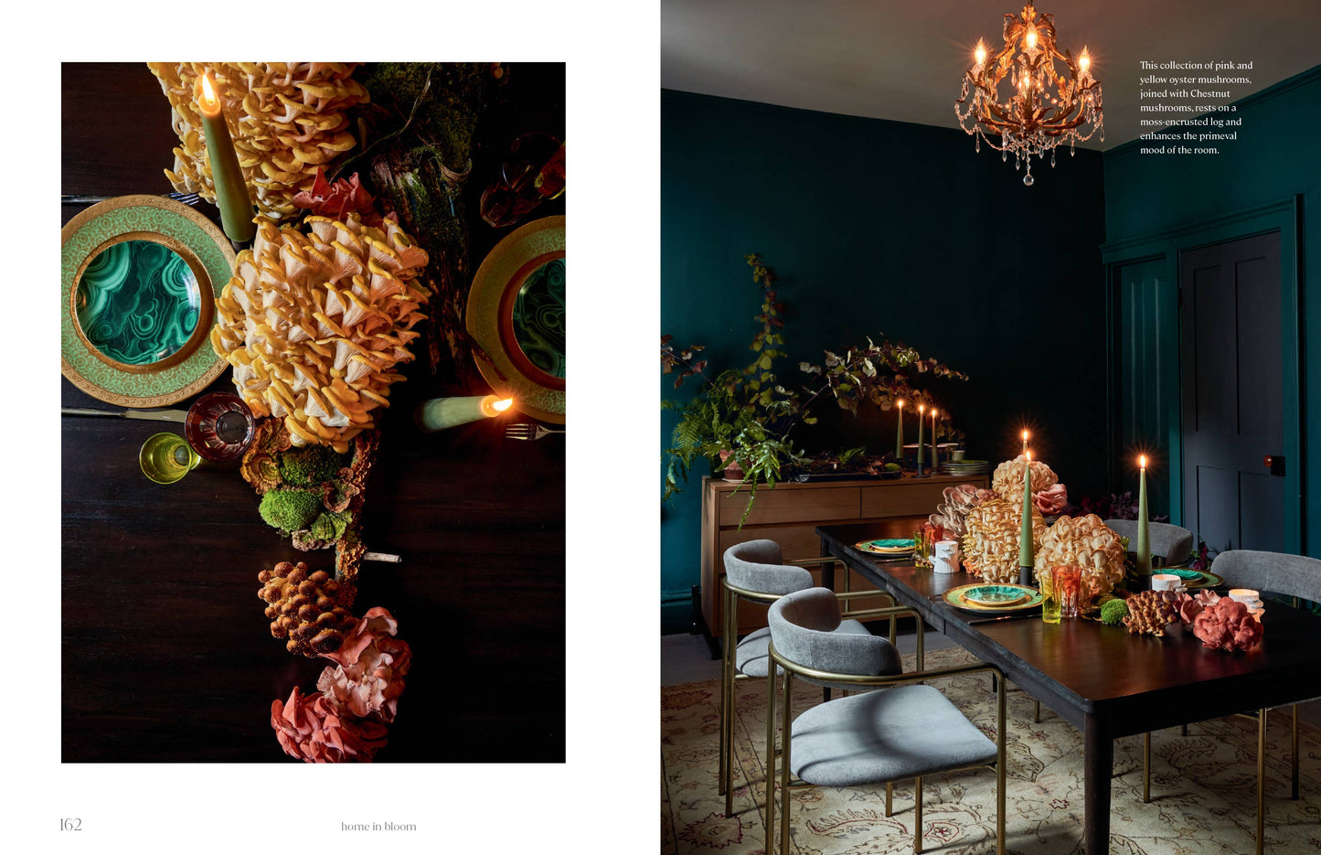 Interior and floral design book depicting a dining room in dark green-blue hues, with a centerpiece on the table made of mushrooms and a moss-encrusted log.