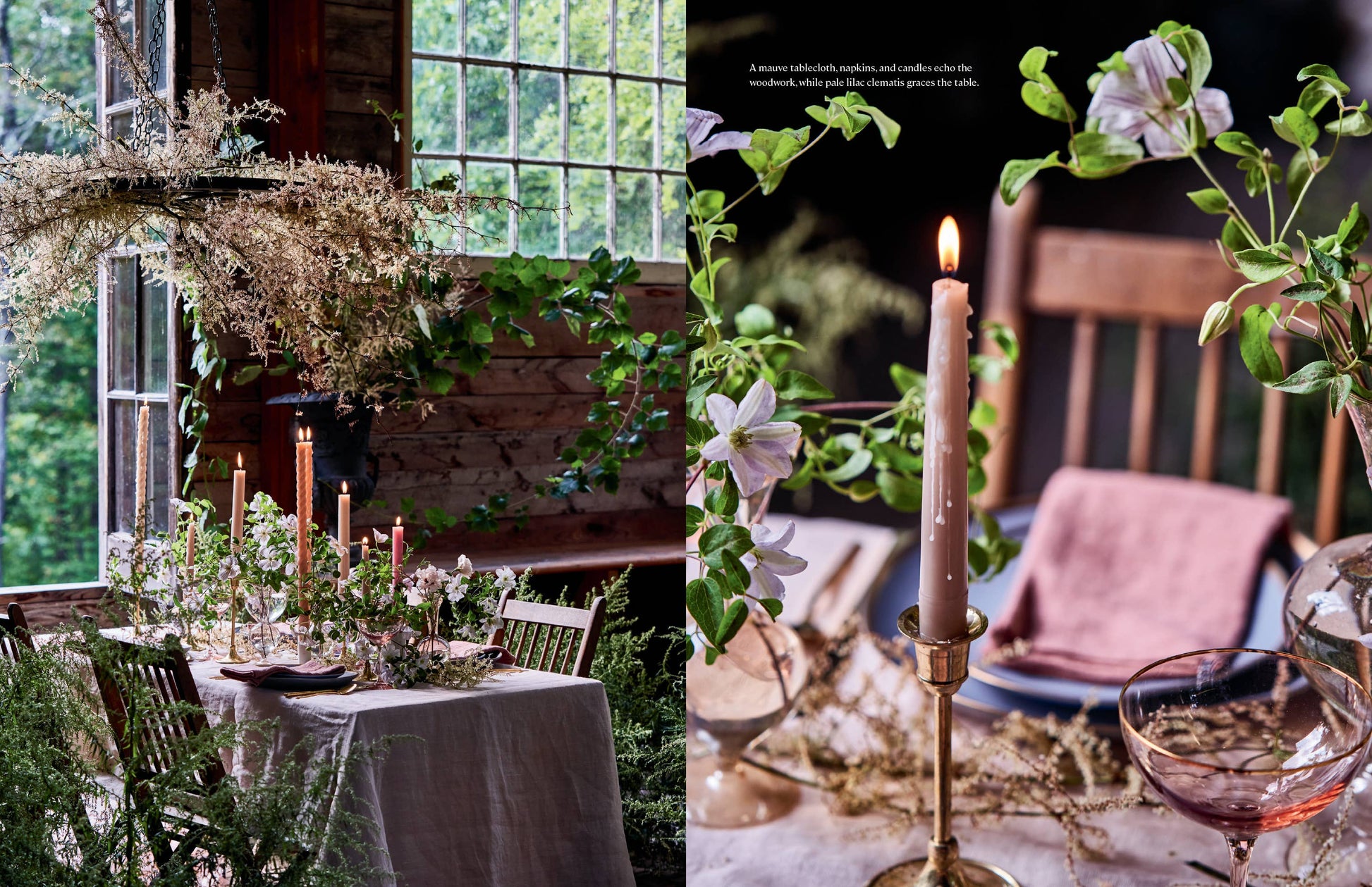 Home in Bloom, floral design and interior inspiration book, here on a page depicting a mauve-colored dining table setting.