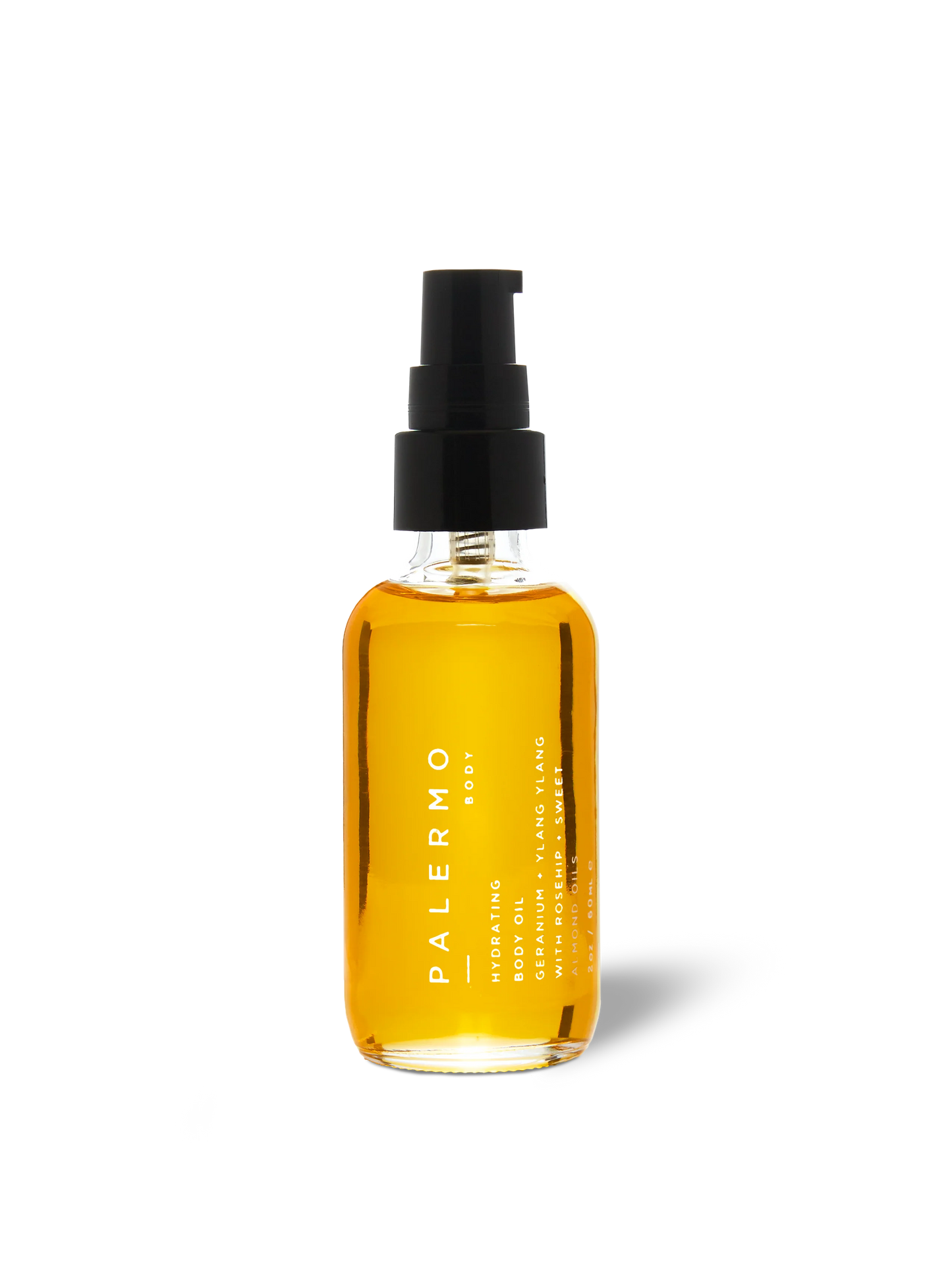 Bottle of Palermo body oil on a white background
