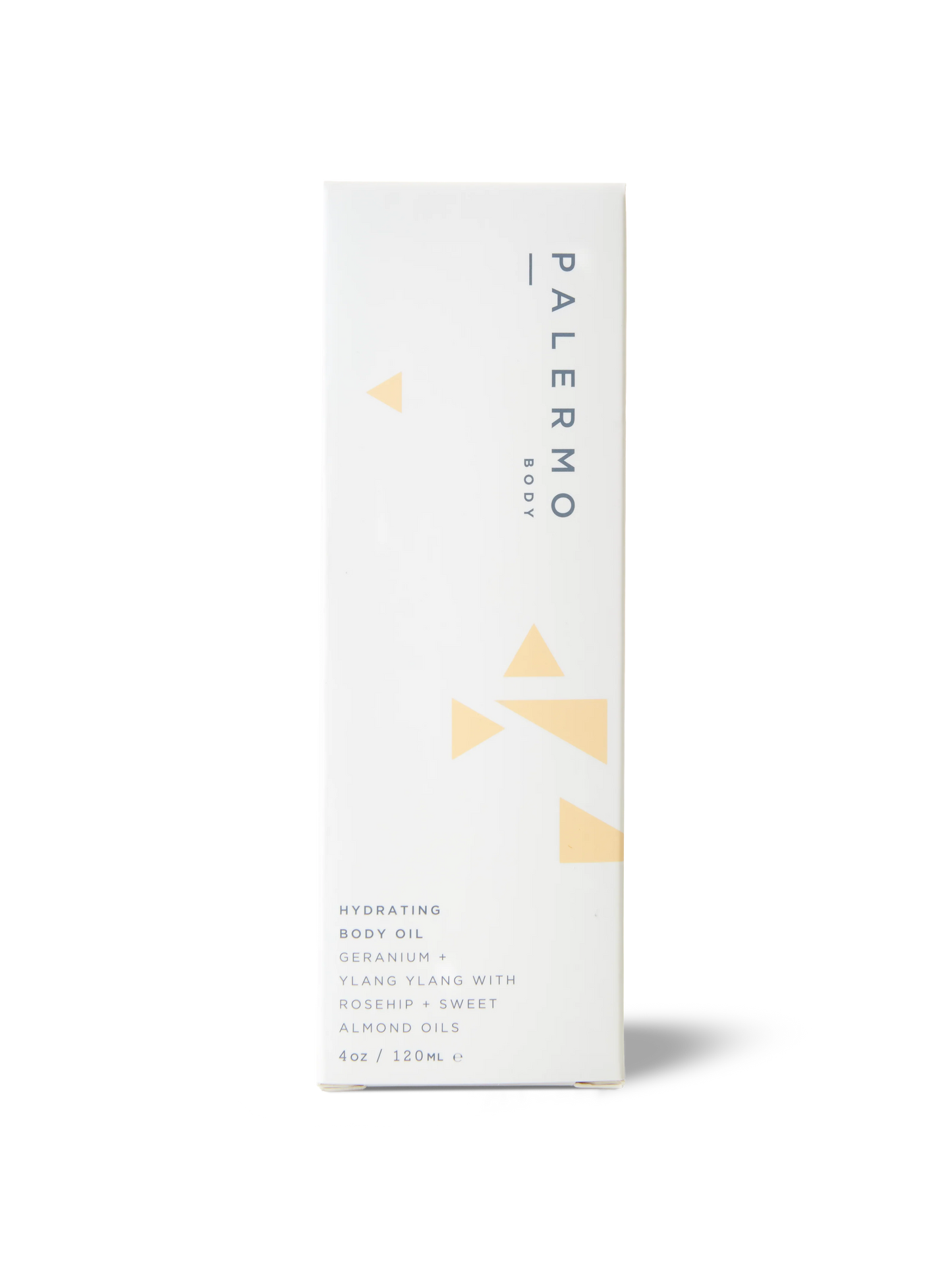 White box of Palermo Body hydrating body oil with geometric design on a white background