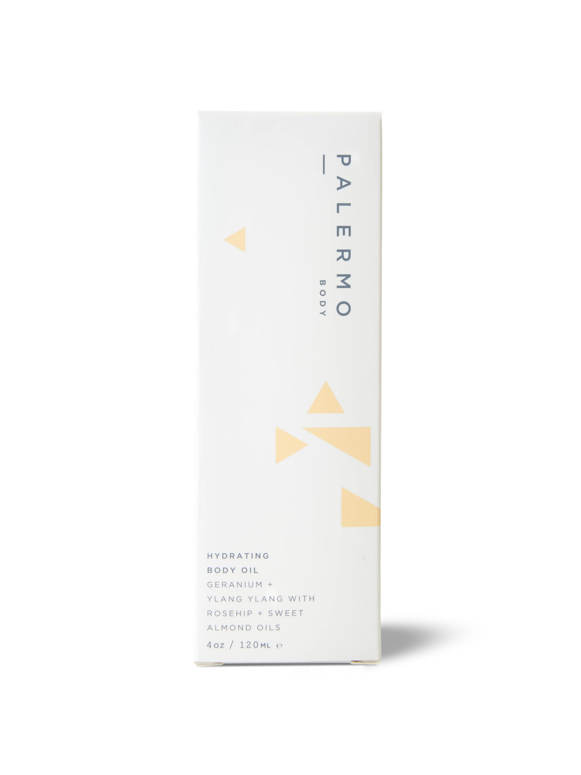 White box of Palermo Body hydrating body oil with geometric design on a white background