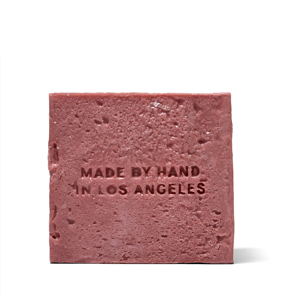 Jasmine & Rose pink soap brick with 'Made by Hand in Los Angeles' text 