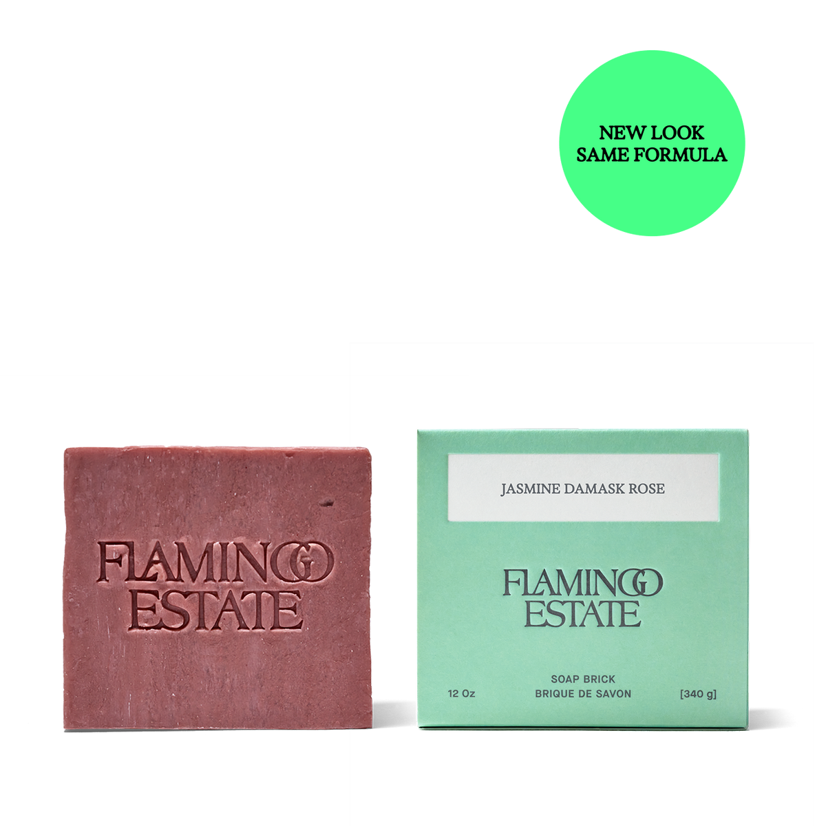 Jasmine & Rose pink botanical soap bar and green packaging with 'Flamingo Estate' branding on a white background.