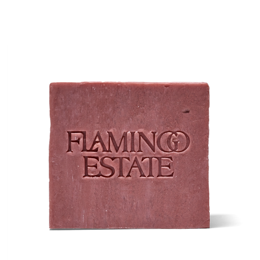 Jasmine & Rose pink botanical soap bar  with 'Flamingo Estate' branding 