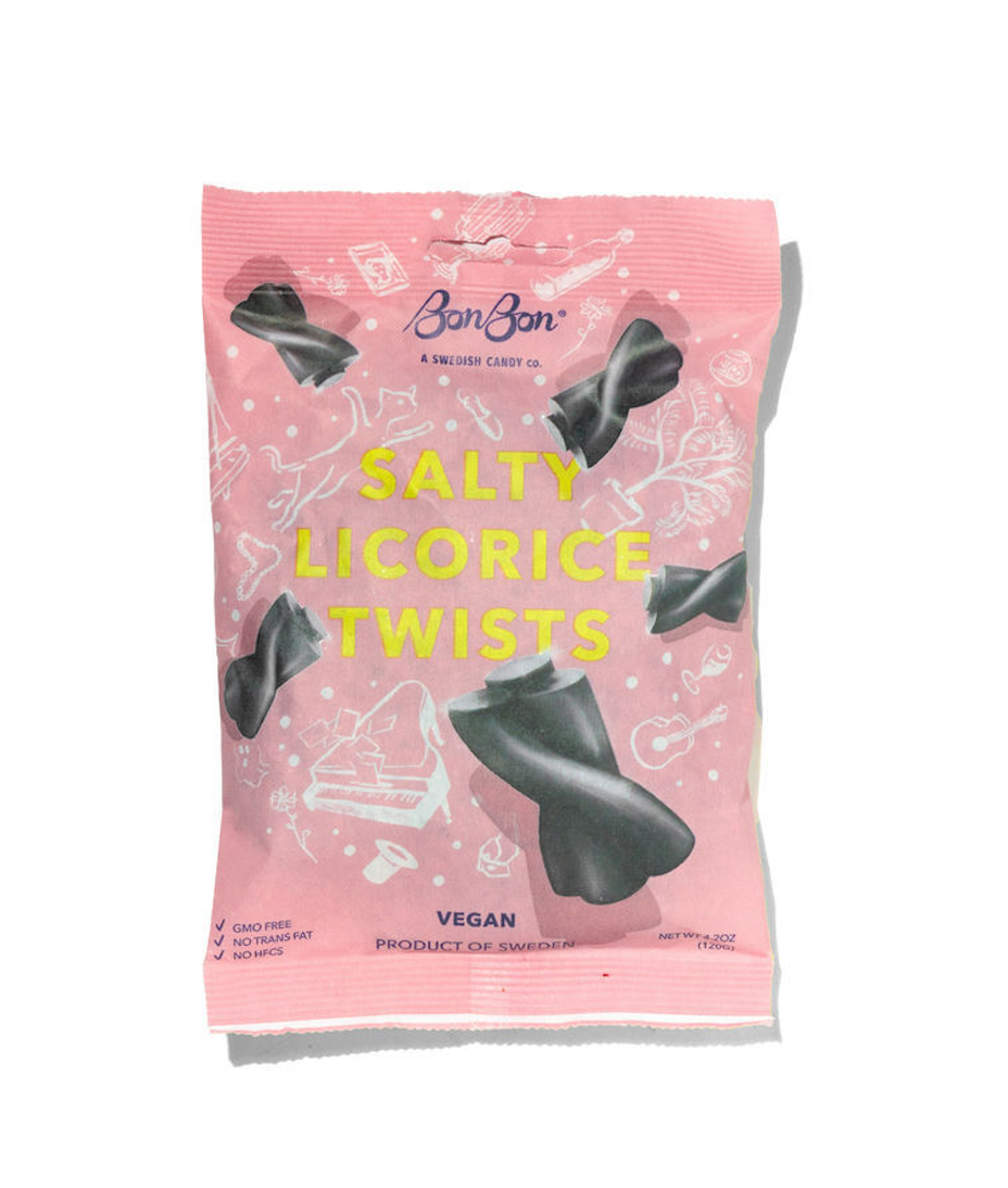 Pack of Salty Licorice Twists from the brand Bonbon, a swedish candy co. with pink packaging and black licorice on a white background. Vegan, GMO-free, No trans fat, No HFCS.