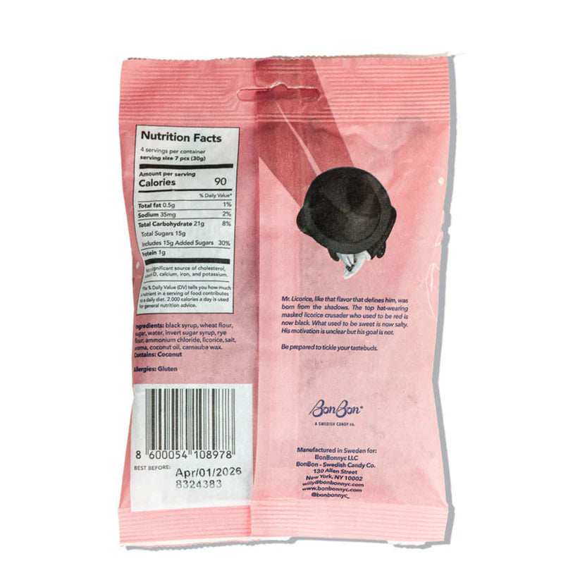 Back of the packaging from Salty Licorice Twists swedish candies, from the brand Bonbon, a swedish candy co. 