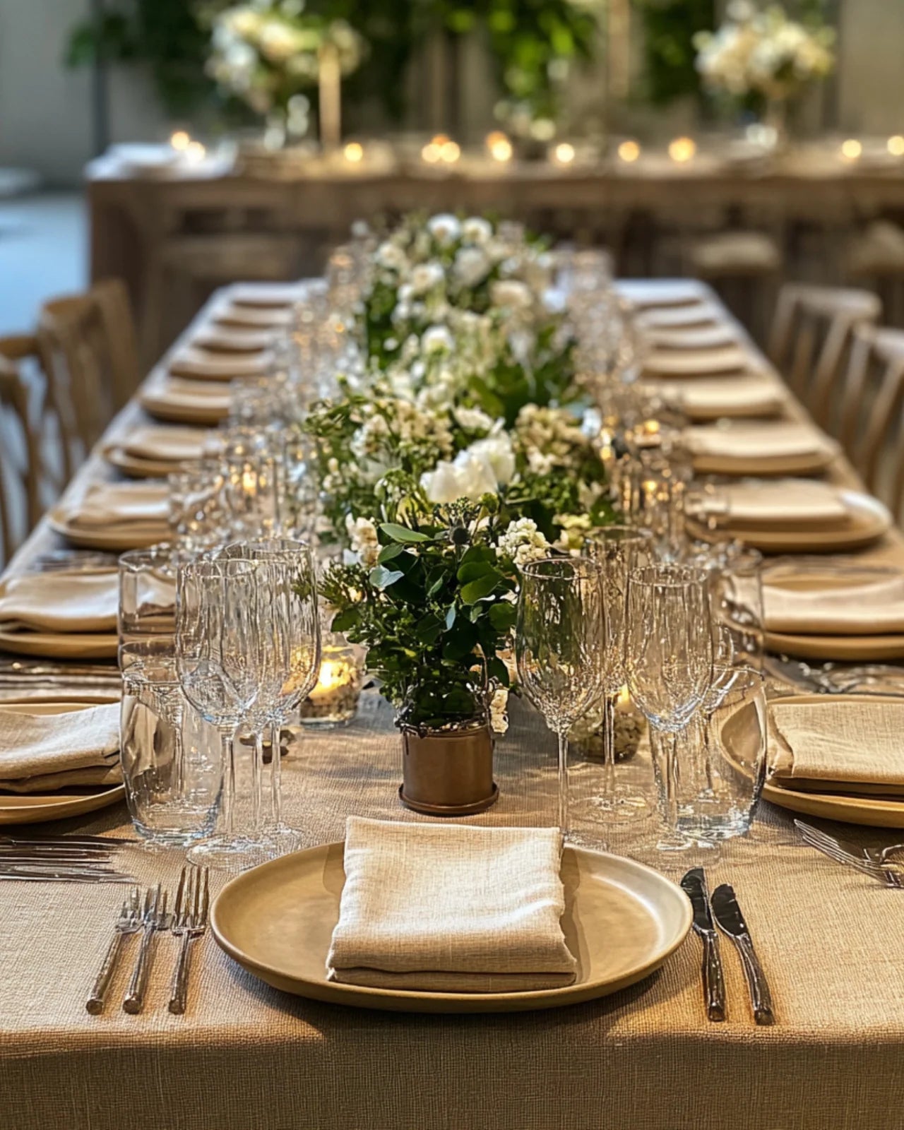 Elegant dining table setup with plates, glasses, natural beige linen napkins and floral centerpieces.