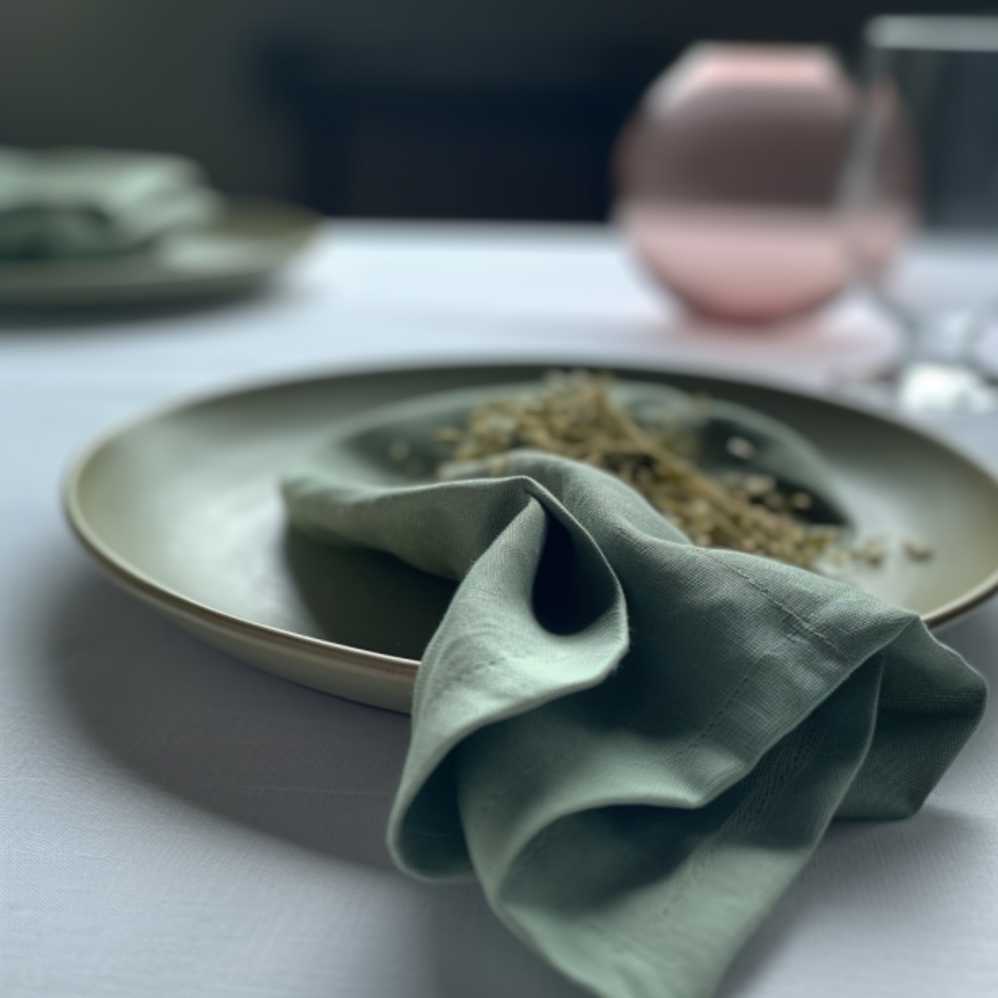 Close-up of a stone green linen napkin from menique on a green plate with a blurred background.