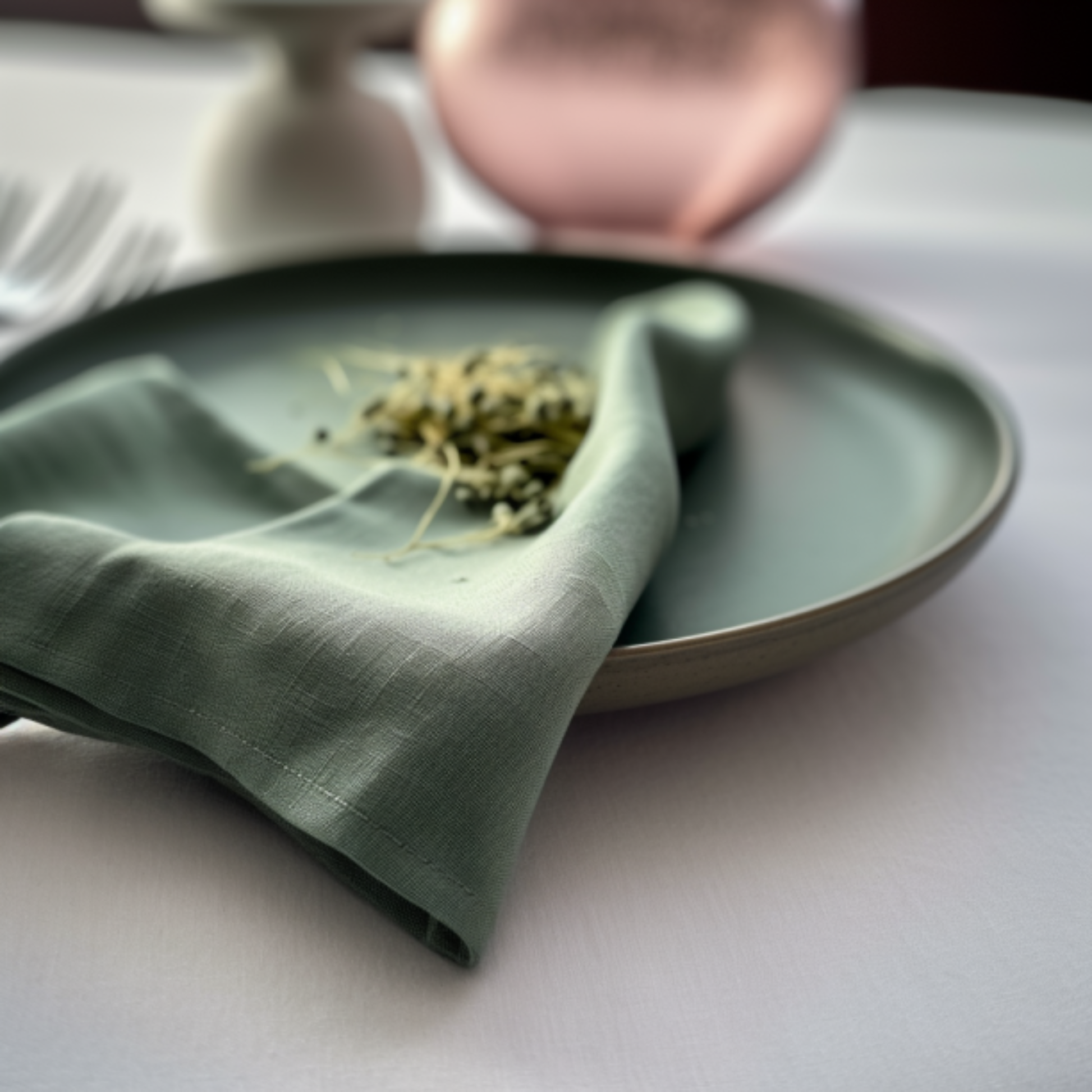 Close-up of a folded stone green linen napkin from menique on a green plate with a blurred background.