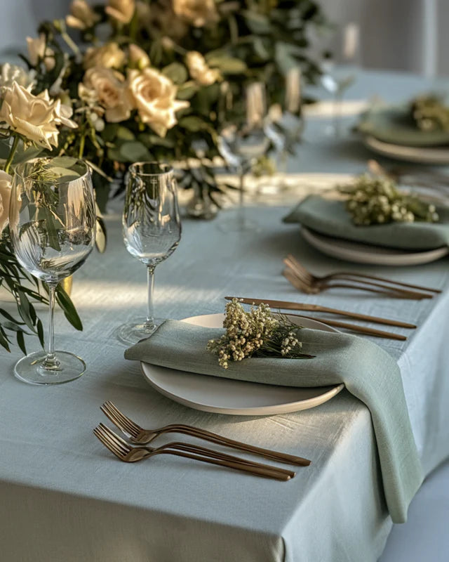 Elegant table setting with white tablecloth, gold cutlery, stone green linen napkins and floral arrangements.
