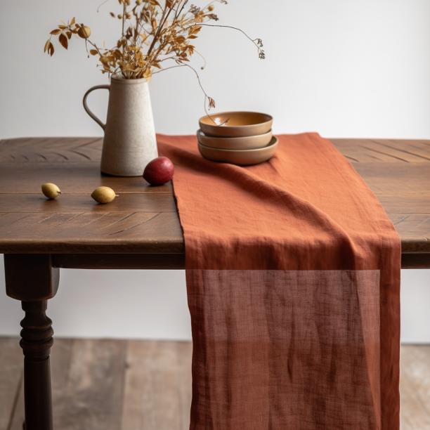 Linen table runner in cinnamon red color by Menique, displayed on a table with some plates and a nice vase