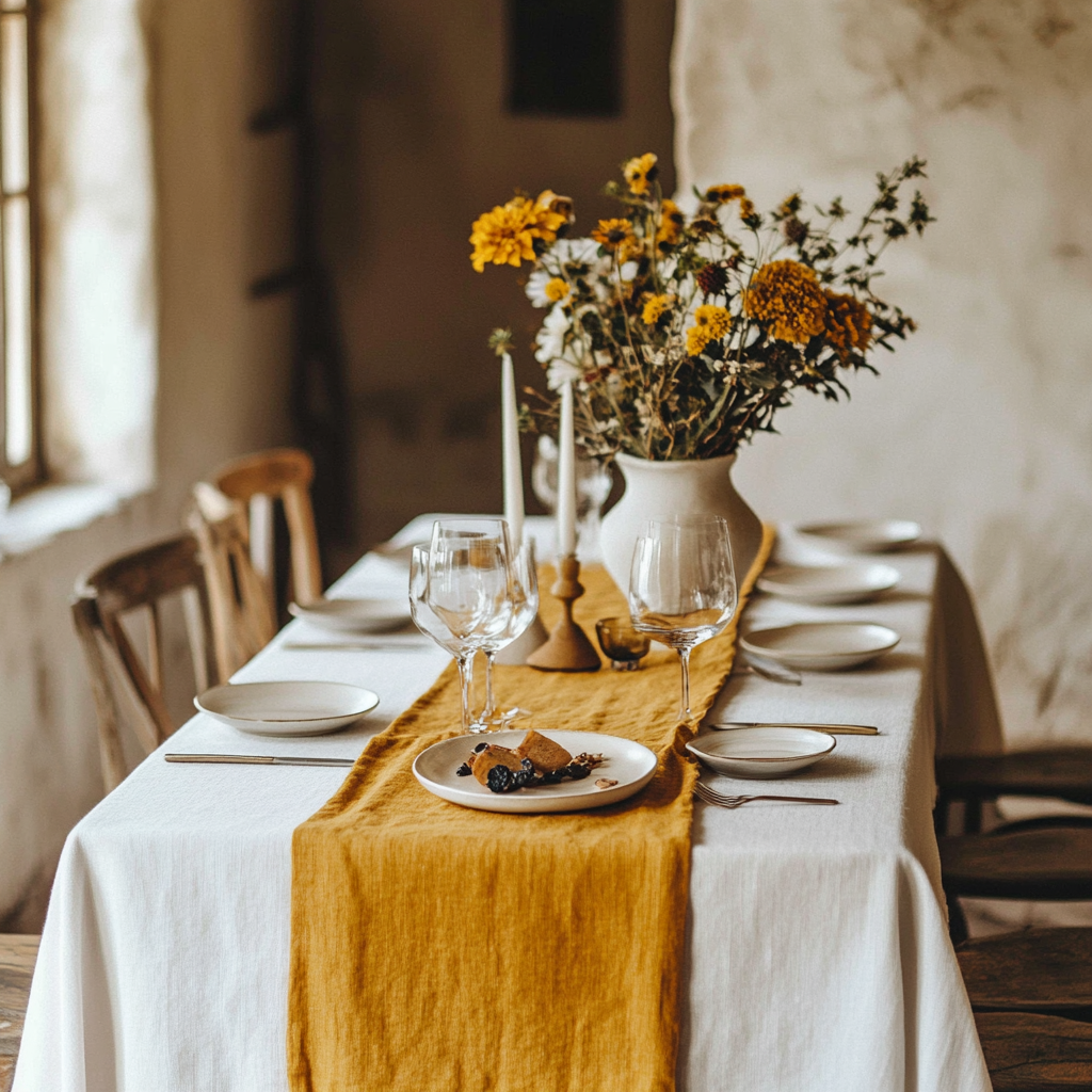A table with a yellow linen table runner, set with plates, glasses, and a vase with flowers in the background, all in a rustic setting.