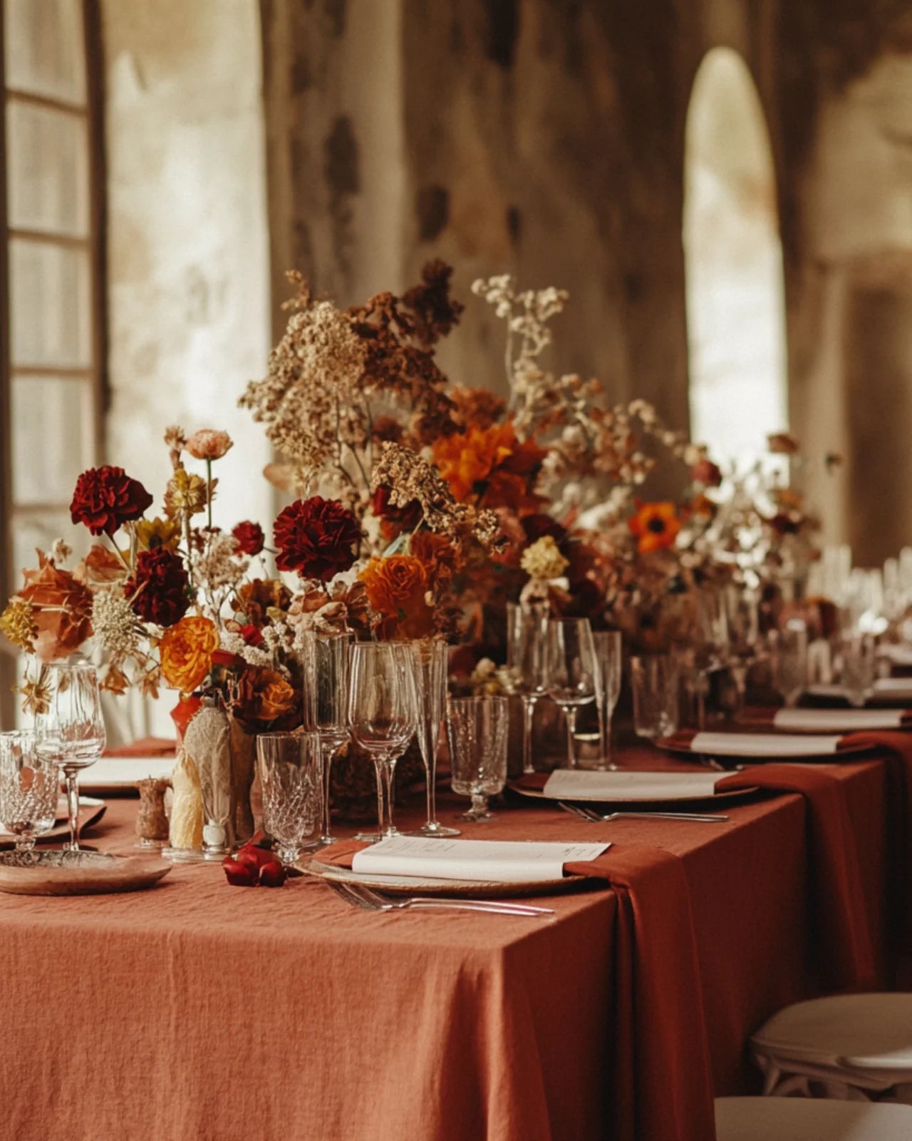 Decorative table setting with flowers and glasses in a warm-toned room, with a cinnamon red linen table cloth.