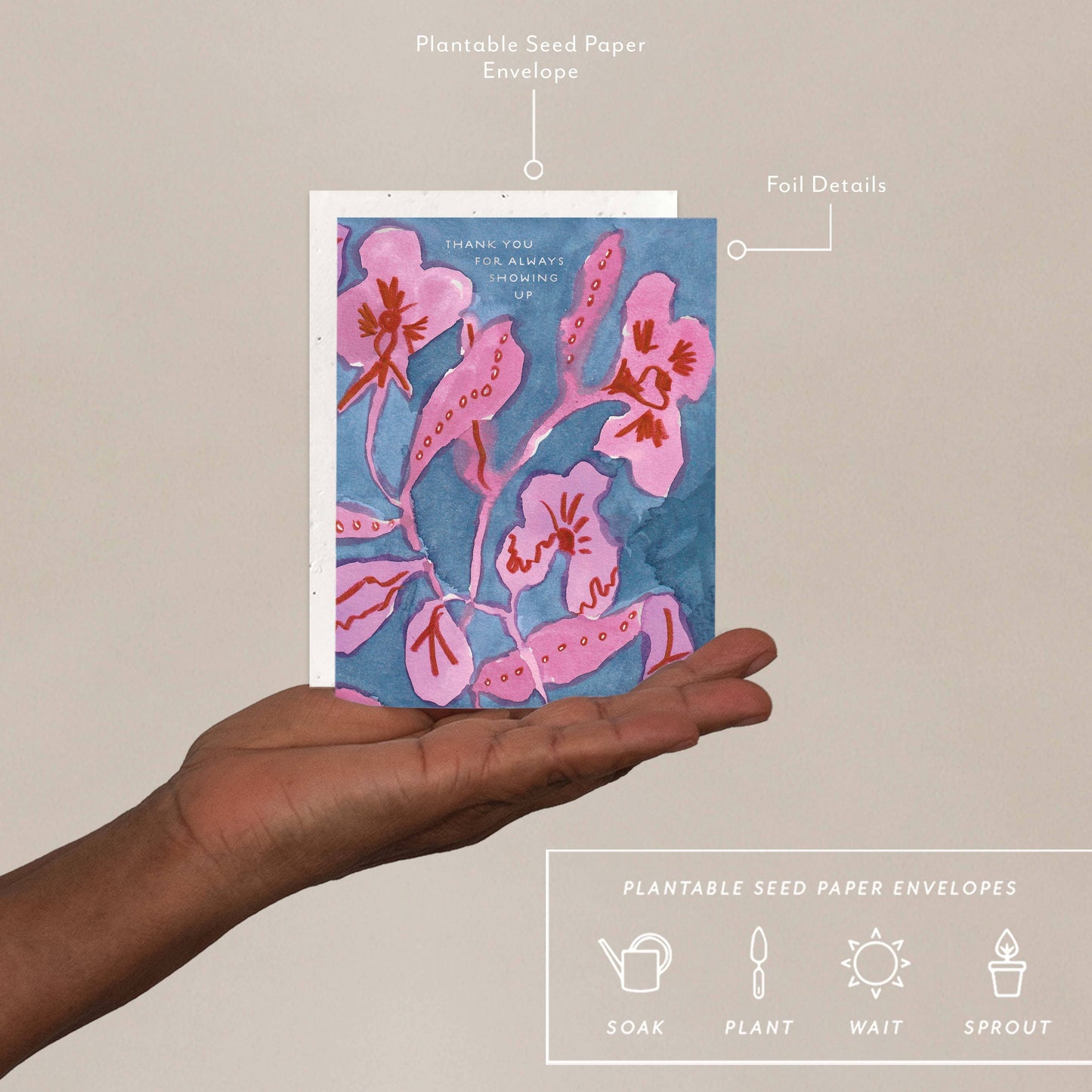 Hand holding a card with pink floral design, accompanied by a plantable seed paper envelope with eco-friendly packaging details, on a beige background.