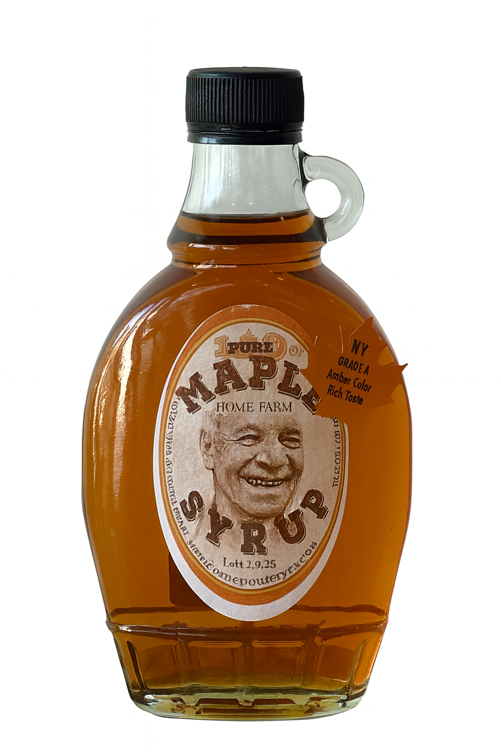 Bottle of maple syrup from upstate New York with a label on a white background.