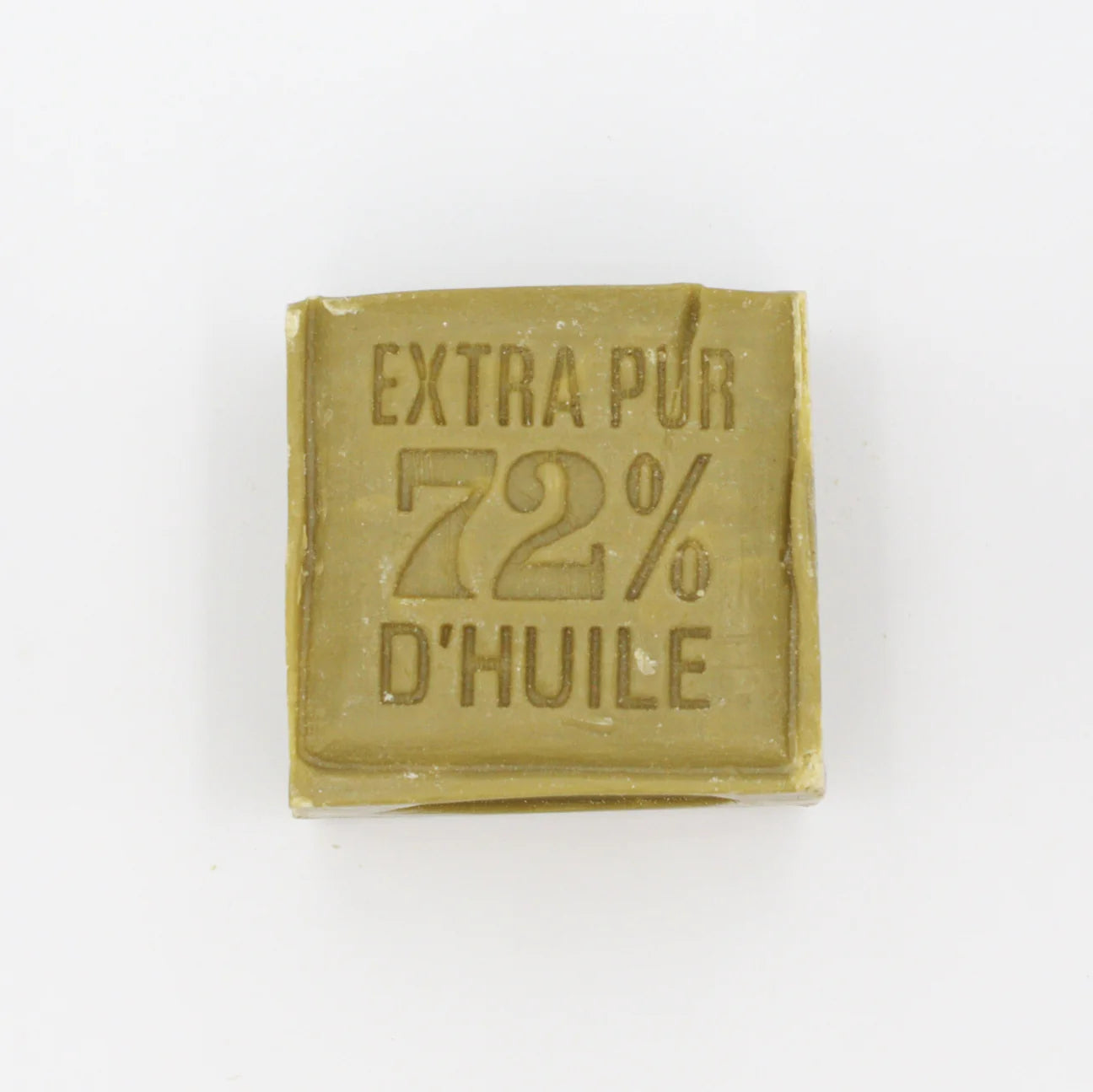 Bar of Marseille olive soap with 'Extra Pur 72% D'Huile' text on a white background