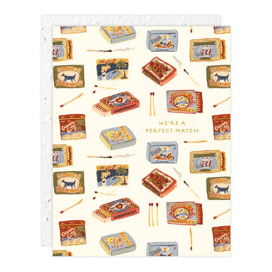 Greeting card with vintage matchbox design and 'We're a Perfect Match' text on a white background