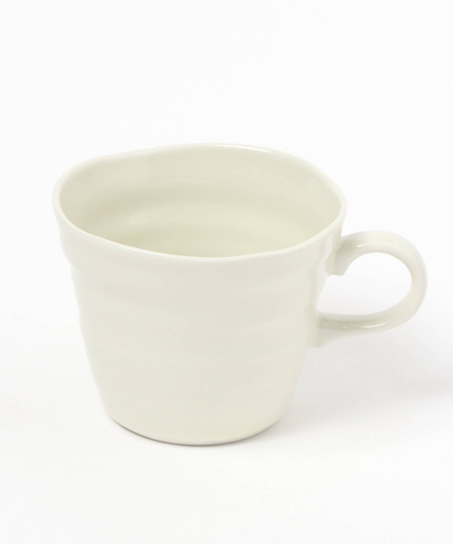 A gloss white ceramic mino ware mug with an organic shape on a white background.