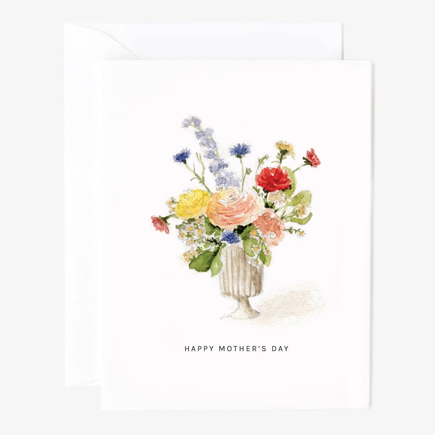 A greeting card with a watercolor illustration of a bouquet of flowers on the front, with the text 'HAPPY MOTHER'S DAY' beneath it.