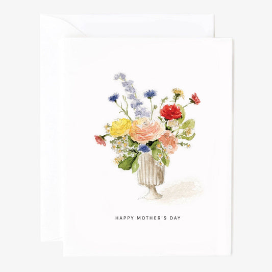 A greeting card with a watercolor illustration of a bouquet of flowers on the front, with the text 'HAPPY MOTHER'S DAY' beneath it.