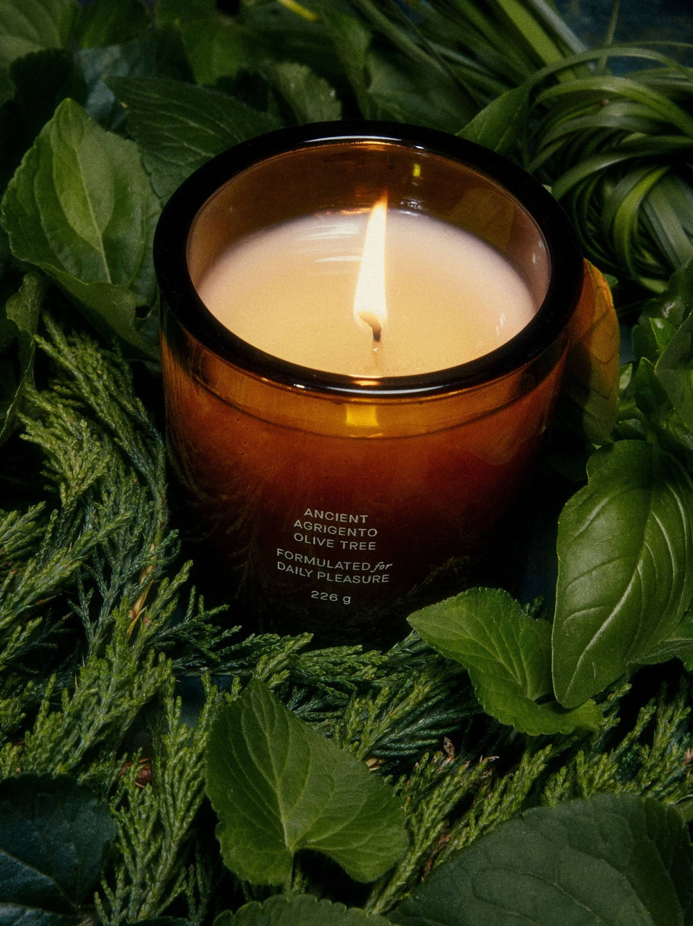 Candle in a decorative container on green leaves
