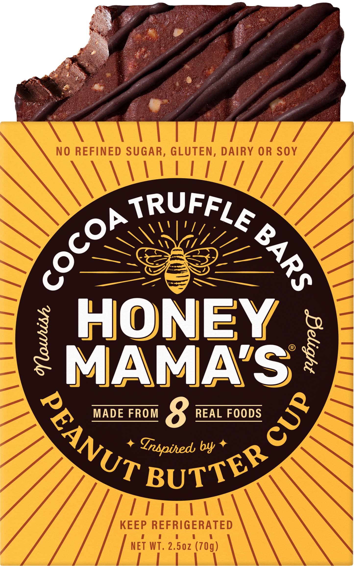 Packaging for Honey Mama's Peanut Butter Cup, displaying the product name and highlighting features such as no refined sugar, gluten, or soy, and that it's made from 8 different REAL FOODS including peanuts and honey.