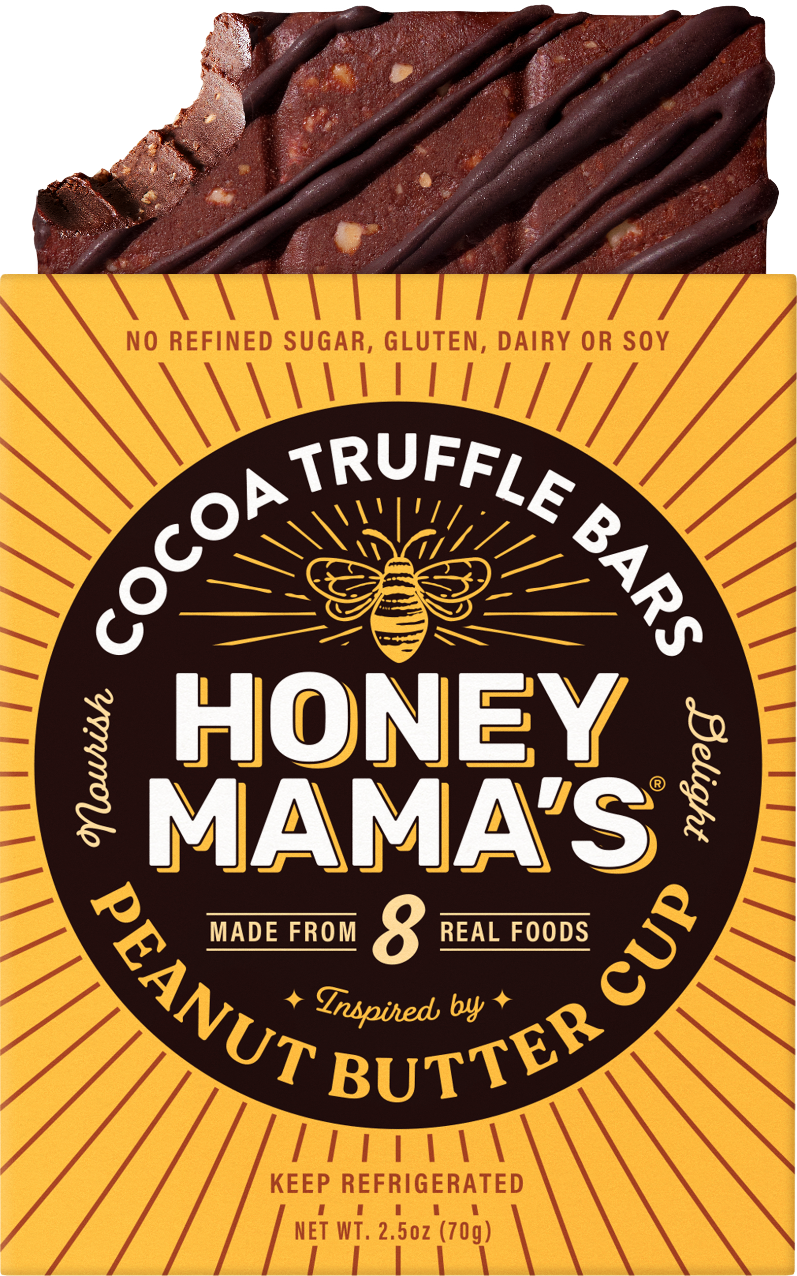 Packaging for Honey Mama's Peanut Butter Cup, displaying the product name and highlighting features such as no refined sugar, gluten, or soy, and that it's made from 8 different REAL FOODS including peanuts and honey.