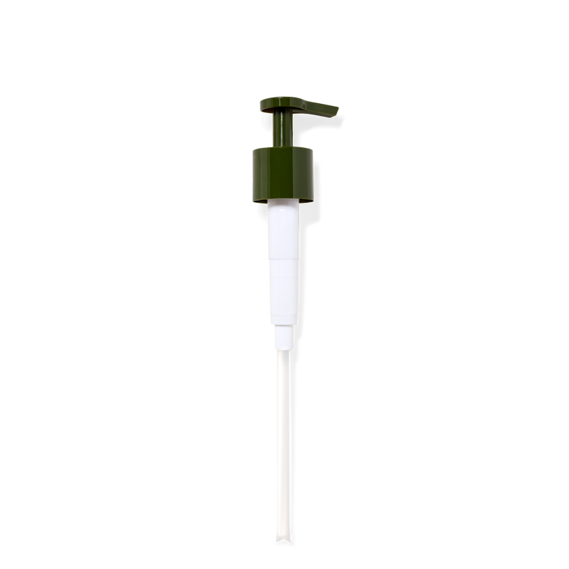 White recyclable and reusable pump bottle with a green pump on a white background