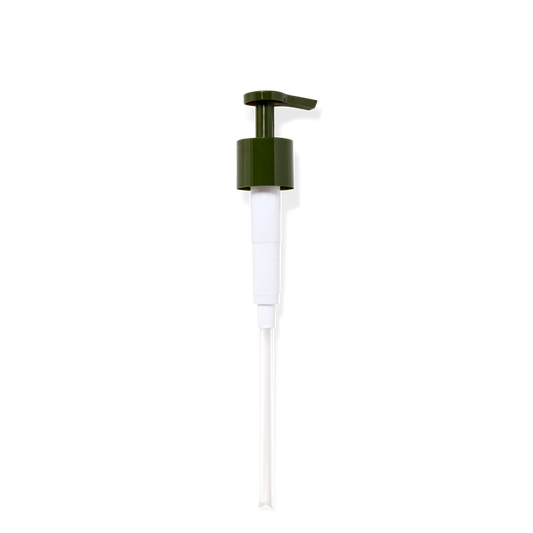 White recyclable and reusable pump bottle with a green pump on a white background