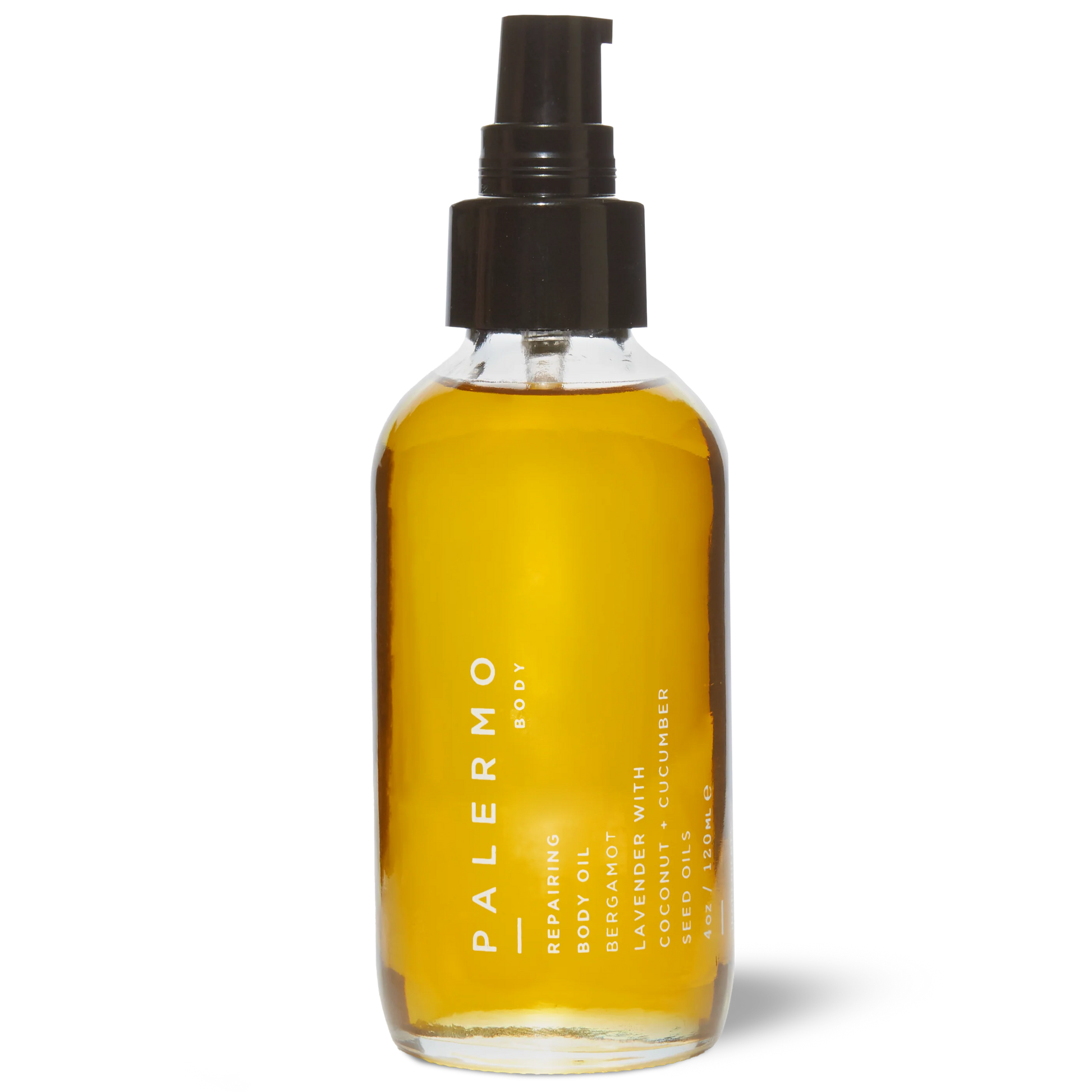 Bottle of Palermo body oil with a pump on a white background