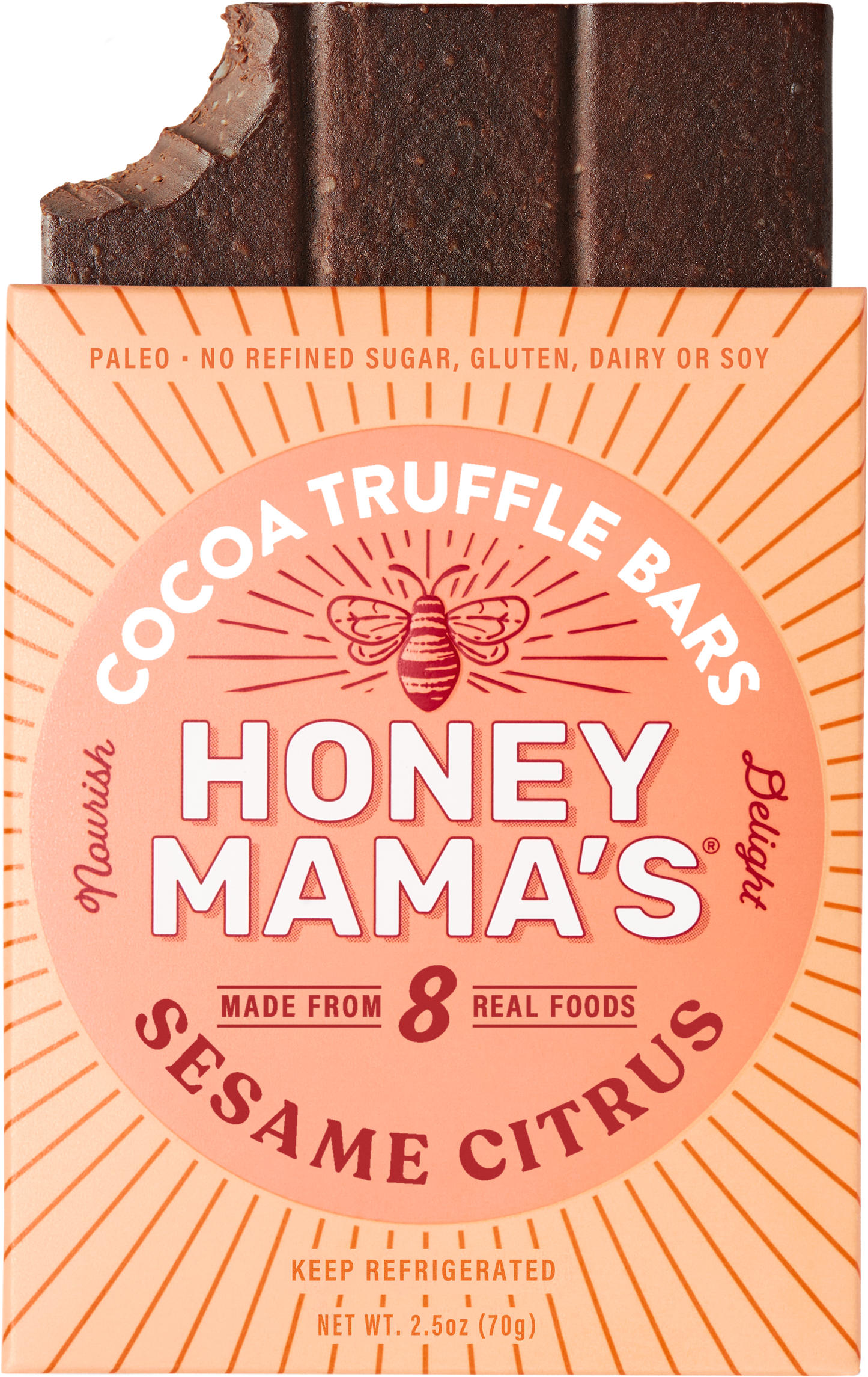 Packaging of Honey Mama's Sesame Citrus Cocoa Truffle Bar. The bar is brown with a textured surface, and the packaging is orange and white with product information stating it is made from real foods only, paleo, refined sugar-free, dairy-free, and gluten-free.