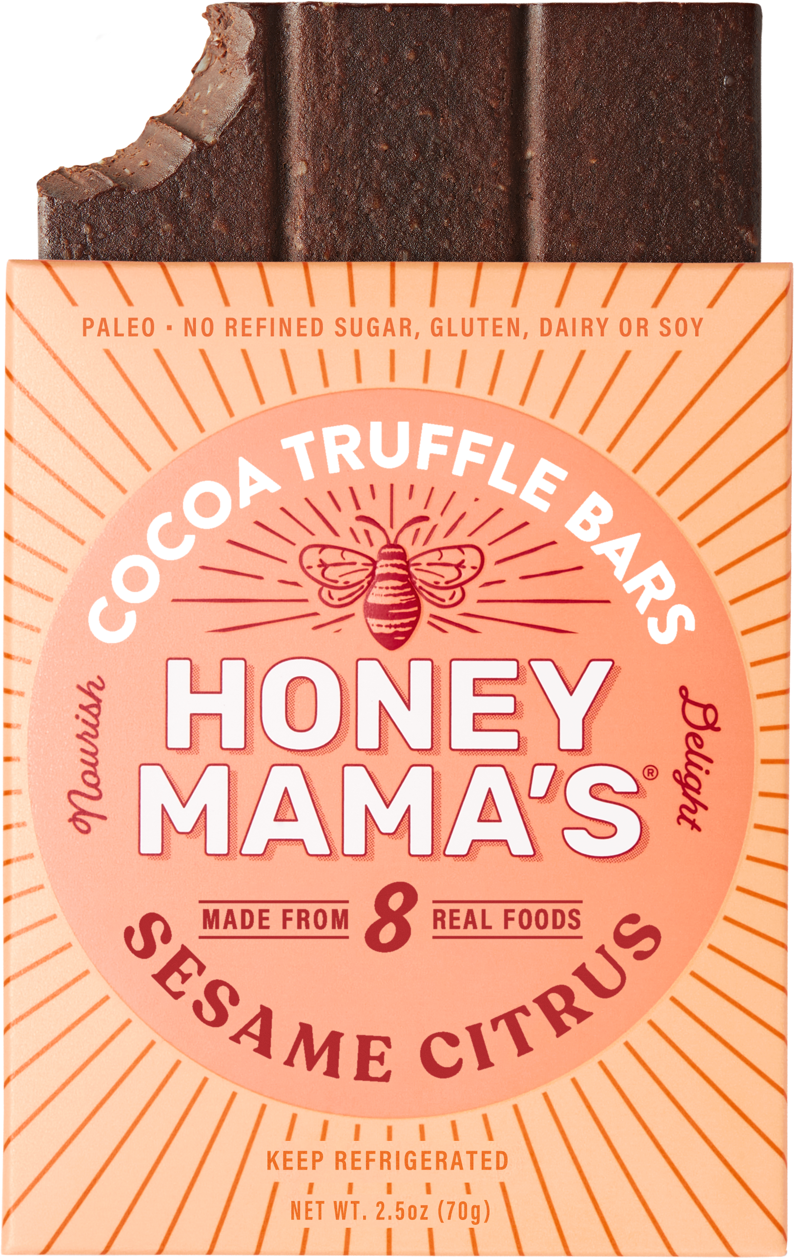 Packaging of Honey Mama's Sesame Citrus Cocoa Truffle Bar. The bar is brown with a textured surface, and the packaging is orange and white with product information stating it is made from real foods only, paleo, refined sugar-free, dairy-free, and gluten-free.