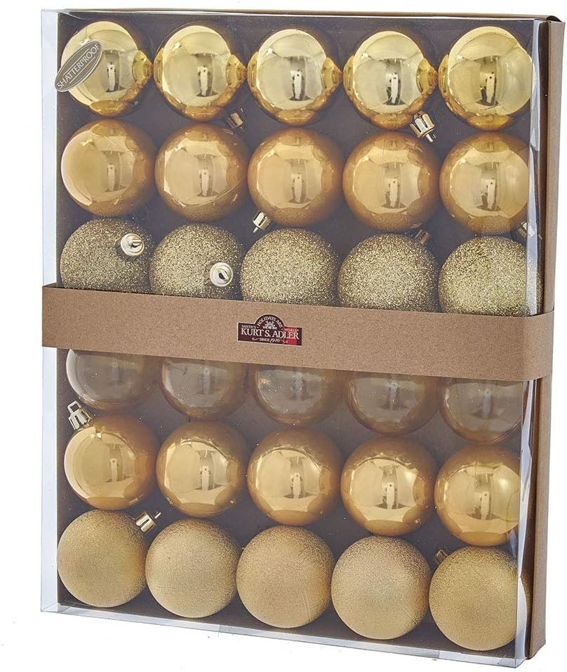 Set of gold Christmas ornaments in a decorative box with Kurt S. Adler branding.