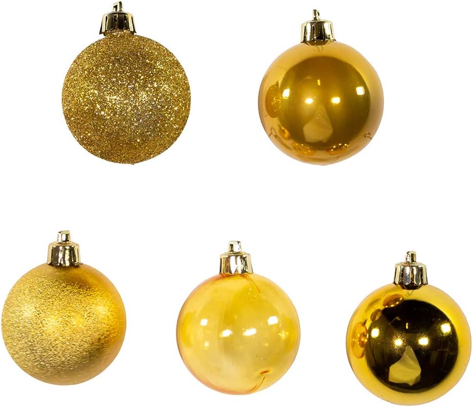 Five gold Christmas ornaments with different finishes on a white background