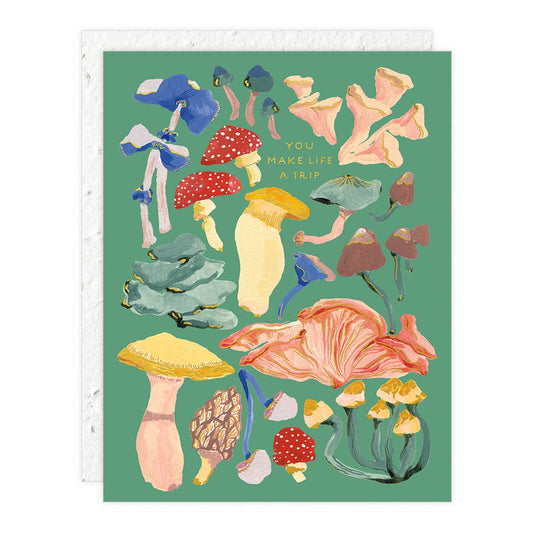 Greeting card with colorful mushroom illustrations and text 'You make life a trip' on a green background, accompanied by a seed paper envelope.