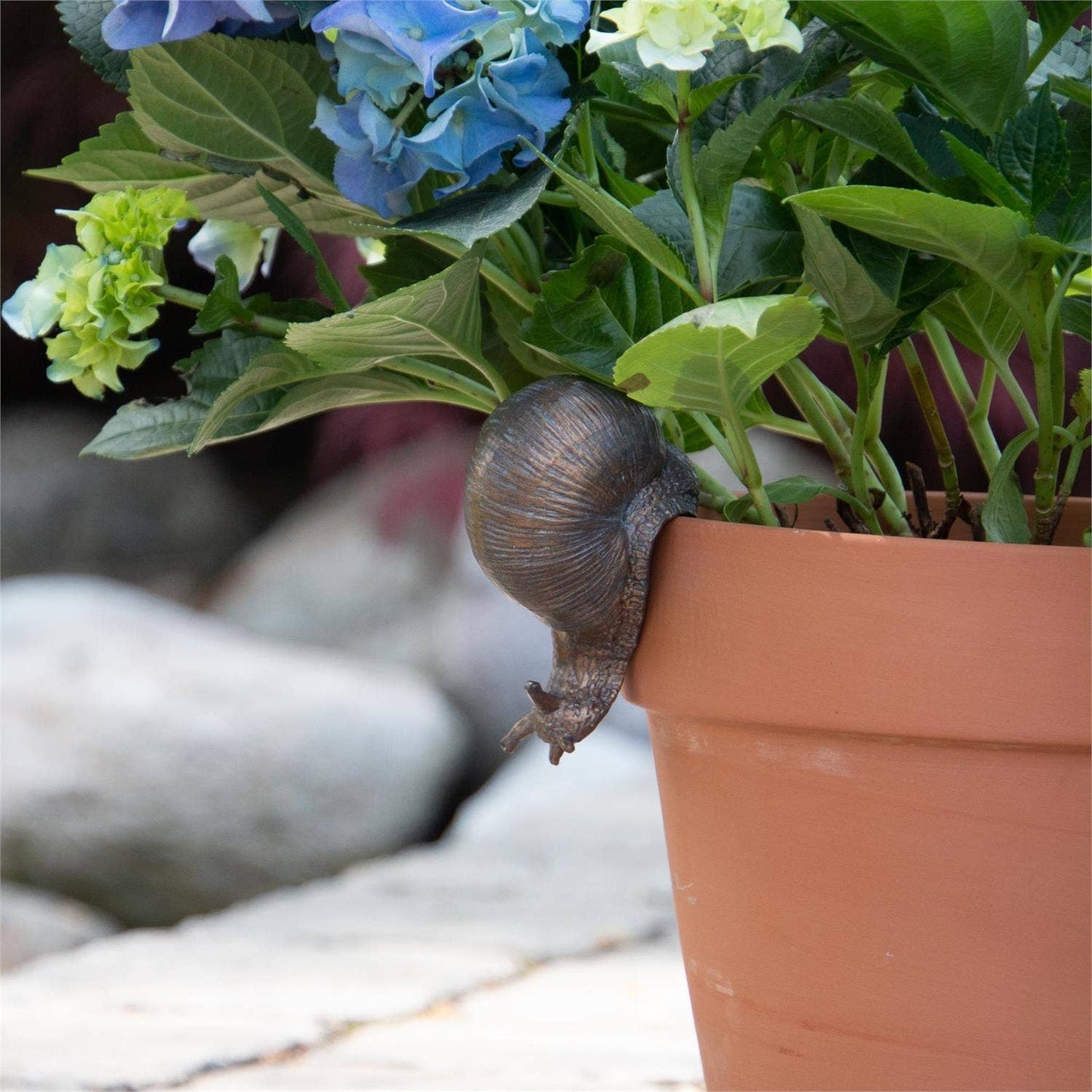 Whimsical snail decoration hugging the side of a planter