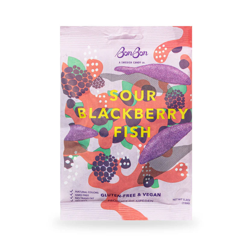 Sour Blackberry Fish swedish candy packaging from the brand Bonbon, a swedish candy co. with colorful design on a white background. Gluten-free, vegan, Natural colors, GMO-free, No trans fat, No HFCS.