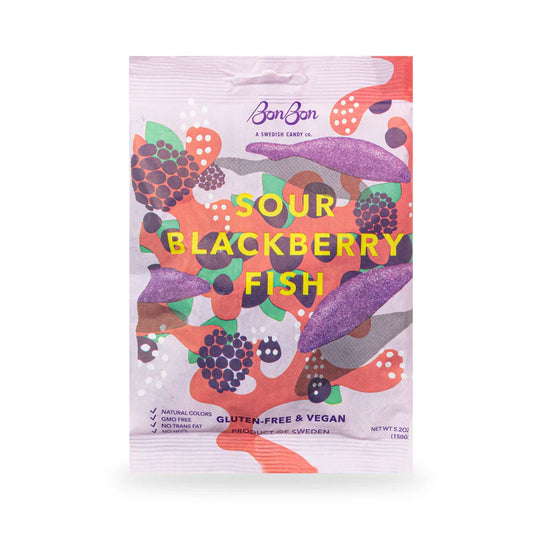 Sour Blackberry Fish swedish candy packaging from the brand Bonbon, a swedish candy co. with colorful design on a white background. Gluten-free, vegan, Natural colors, GMO-free, No trans fat, No HFCS.
