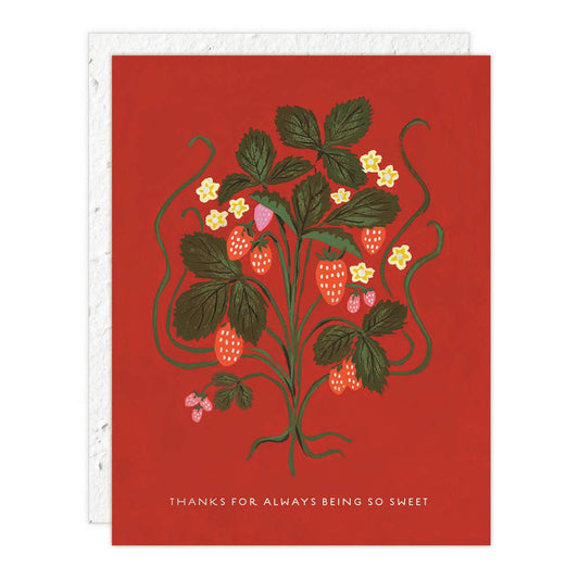 A red thank you card with a green and white strawberry plant illustration, accompanied by a plantable seed paper envelope with eco-friendly packaging details.
