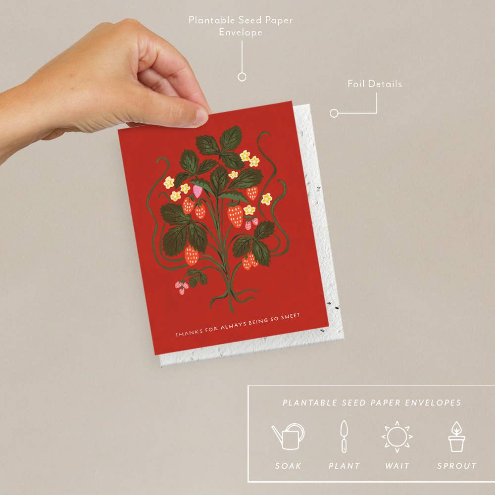 A hand holding a red greeting card with a green and white strawberry plant illustration, accompanied by a plantable seed paper envelope with eco-friendly packaging details.