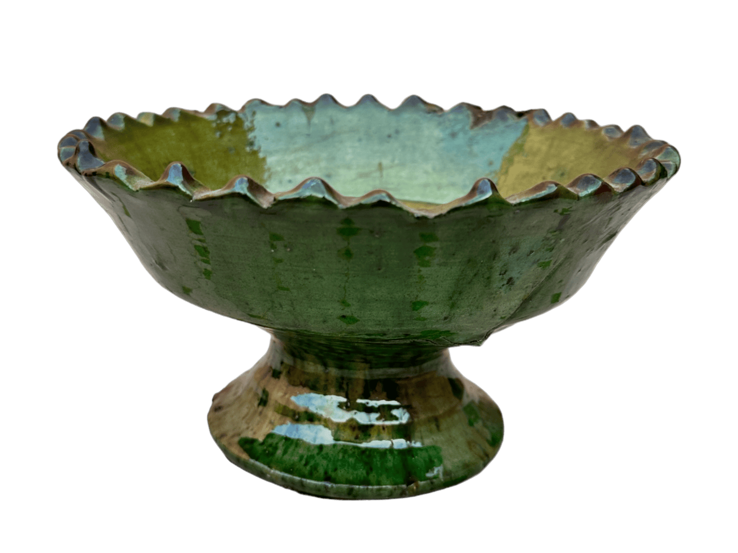 A ceramic fruit bowl or planter with green glaze handmade in Tamegroute, Morocco.
