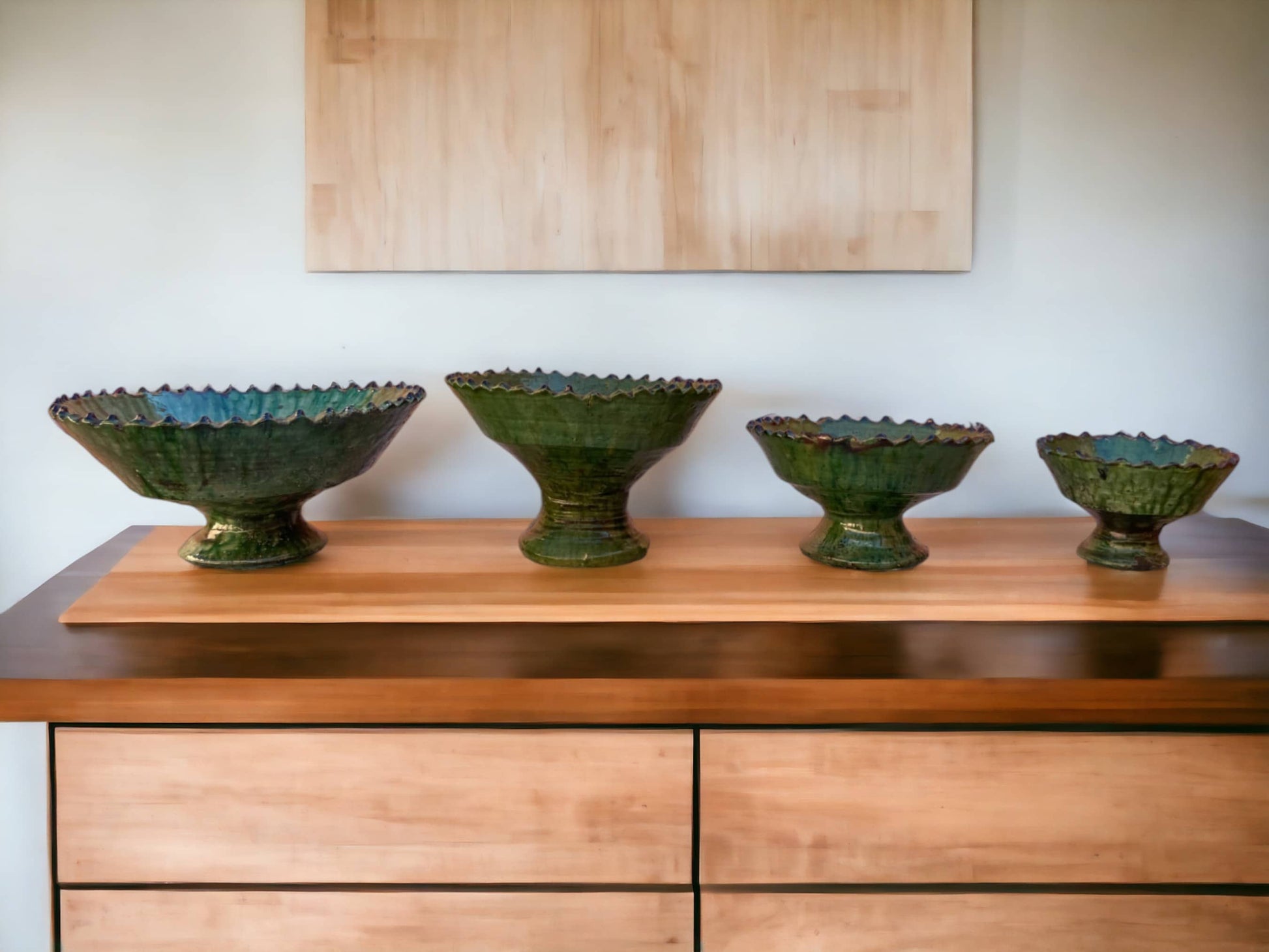 Four ceramic fruit bowls or planters, with green glaze, handmade in Tamegroute, Morocco 