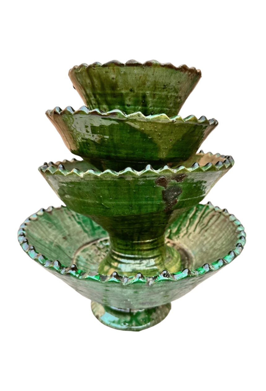 Four ceramic fruit bowls or planters, with green glaze, handmade in Tamegroute, Morocco 