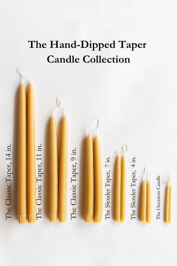 Hand-dipped taper candles of various sizes on a white background with text indicating dimensions.
