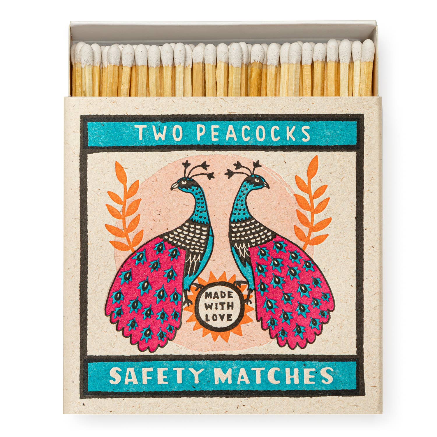 The archivist gallery's signature square matchbox featuring two peacocks in bright blue and pink with the words 'Two Peacocks, Made With Love, Safety Matches.'