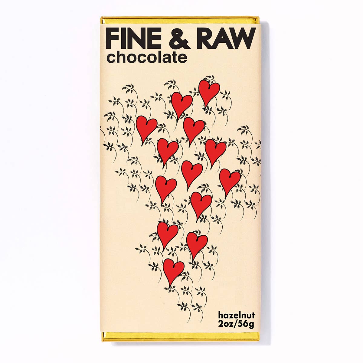 A Valentines hazelnut butter dark chocolate bar with a design of red hearts and leaf patterns on it, from the brand 'Fine & Raw Chocolate'